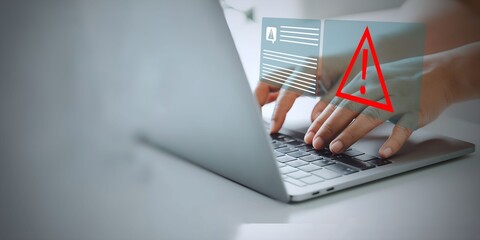 A businessman using laptop with spam email concept visual.