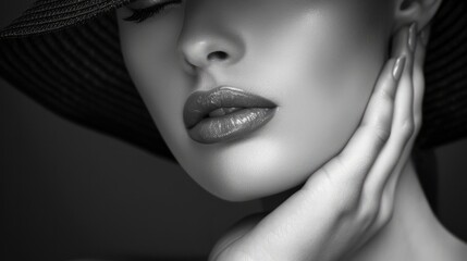 woman wear rlrgant hat with her hand on her neck in black and white