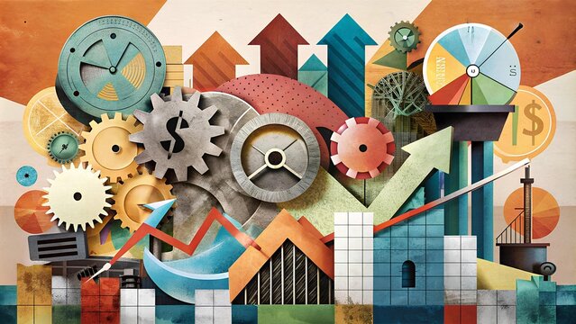 Illustration of Business Growth. Eclectic Collage, Surreal Elements, Fragmented Text, Random Objects, Clocks, Gears, Dollar Signs, Abstract Shapes, Chaotic Composition, Unpredictable Business Success