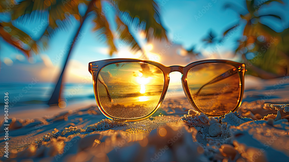 Wall mural black sunglasses lies on sand, beach background. family vacation at the hotel. relax on the beach. t