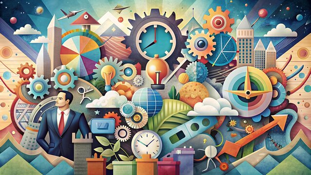 Illustration of Business Growth. Eclectic Collage, Surreal Elements, Fragmented Text, Random Objects, Clocks, Gears, Dollar Signs, Abstract Shapes, Chaotic Composition, Unpredictable Business Success.