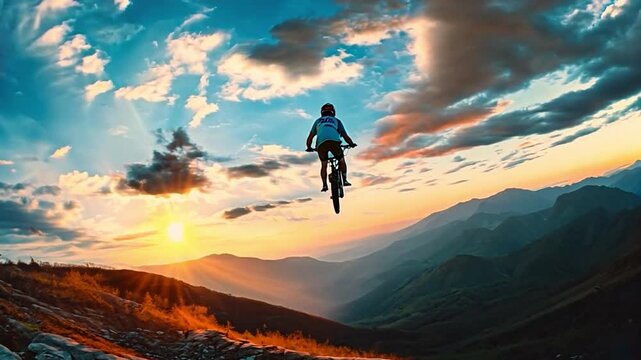 A rider engages in an extreme activity by jumping on a mountain bike.