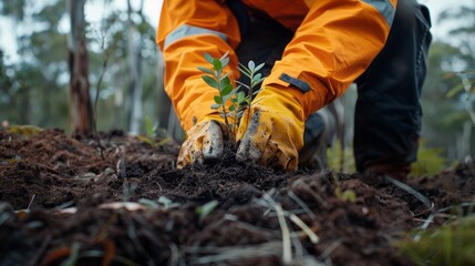 Fototapeta premium person wearing an orange jacket is actively digging in the dirt planting native trees
