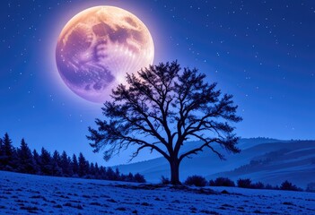 Fototapeta premium Majestic Full Moon Over Silhouetted Tree And Snowy Landscape