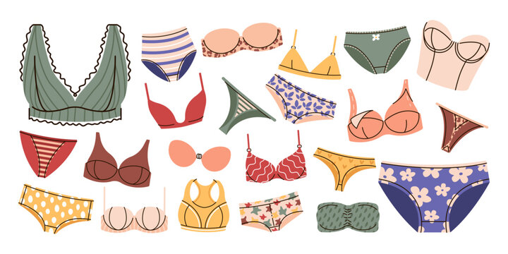 Set of colorful womans underwear. Vector bra and pants collection.