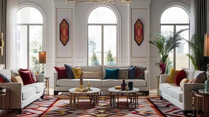 Fototapeta premium Sophisticated Living Room with Arched Windows and Geometric Rug, White Sofa, Coffee Tables, and Decorative Pillows, Interior Design, Home Decor, Living Room