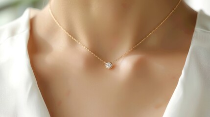 Minimalist gold necklace with a tiny round diamond on a white skin neck