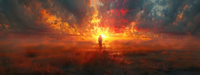 A dramatic sunset casts vibrant orange and red hues over a forest ablaze, with silhouettes of trees against a colorful sky filled with clouds