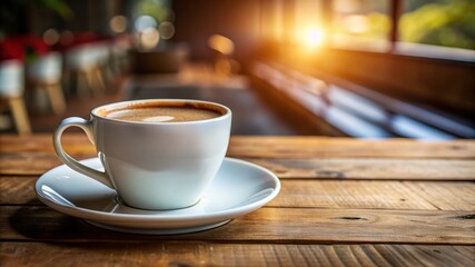 Obraz premium Coffee cup on a wooden table with a blurred cafe background.