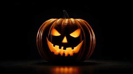 create scary orange pumpkin looking straight at us, with lights inside, solid black background, 4k, photorealistic, copy-space with generative ai