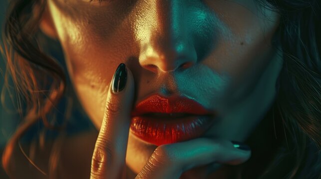 stuning woman holds finger to lips