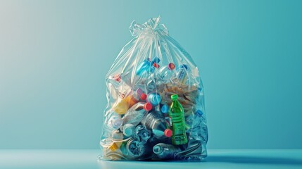 clear plastic trash bag filled with various plastic bottles and debris, set against a clean, pastel blue background