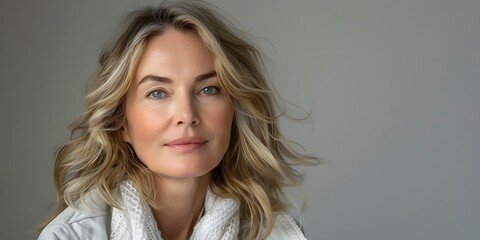 Fototapeta premium Beautiful gorgeous mid aged woman looking at camera isolated on gray white. Mature old lady close up portrait.