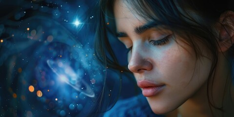 Contemplative Woman Under Starry Sky with Dreamlike Cosmic Background