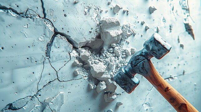 hand holding a hammer breaking through a concrete wall, against a clean white background
