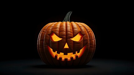 create scary orange pumpkin looking straight at us, with lights inside, solid black background, 4k, photorealistic, copy-space with generative ai