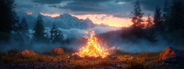 A vibrant sunset over a forest engulfed in flames, with dramatic clouds and mountains in the background, creating a striking contrast of red and orange hues against the evening sky