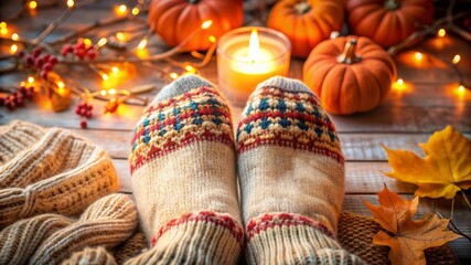 Cozy Autumn Feet with Pumpkins, Candle and Lights.