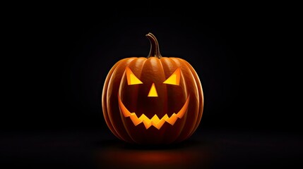 Obraz premium create scary orange pumpkin looking straight at us, with lights inside, solid black background, 4k, photorealistic, copy-space with generative ai