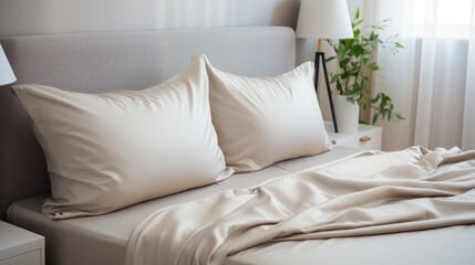 Cream bed sheets in sunlit bedroom