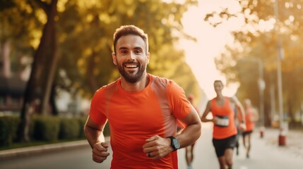Fototapeta premium Man smiling while running in a marathon