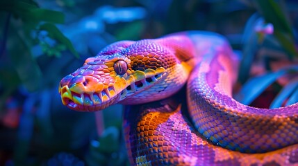 Show the vibrant colors and textures of a close encounter with a slithering python, highlighting the exhilarating moments of a jungle safari experience