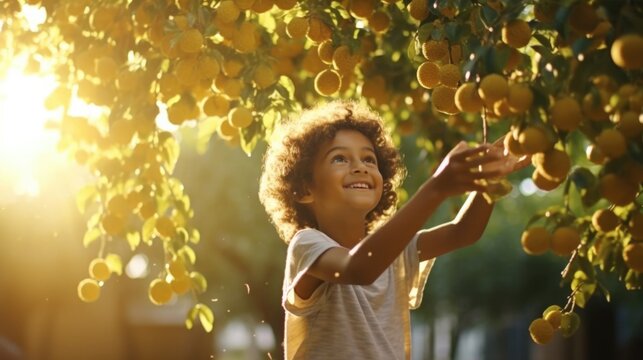 Joyful Child Picking Ripe Oranges in Sunlit Orchard during Golden Hour