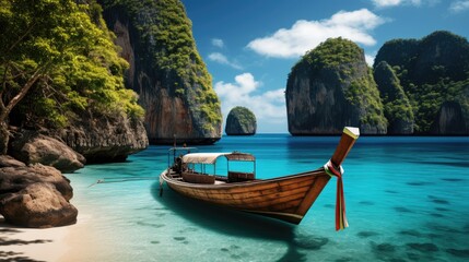 Fototapeta premium Traditional longtail boat moored on a tropical beach