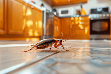 A cockroach crawling on a shiny kitchen floor with wooden cabinets in the background. This photo underscores the importance of pest control in domestic settings to prevent infestations.