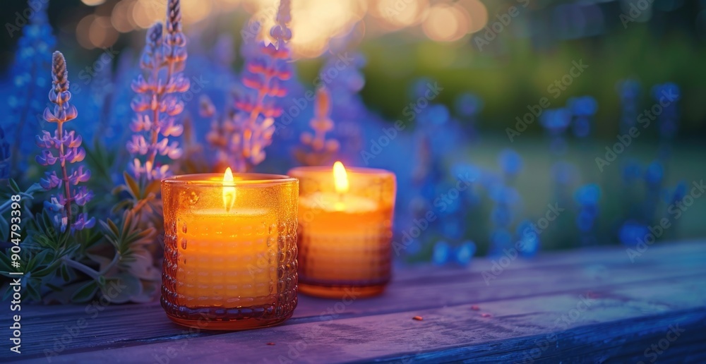 Sticker Honeycomb candles and blue flowers at dusk