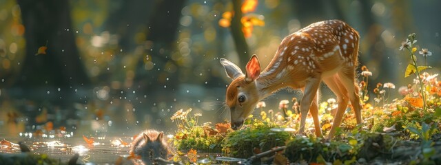 Naklejka premium Easter bunny hopping through a grassy meadow with a playful rabbit.