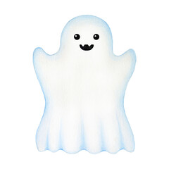 Cute ghost painted illustration. Hand drawn scary Halloween traditional element. Spooky ghost isolated on white background. Funny spirit horror Halloween symbol
