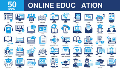 Online Education icon collection set. Simple color fill vector.