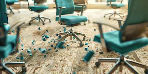Creative Business Concept: Office Chairs and Desks Falling onto a Carpeted Office Floor Background