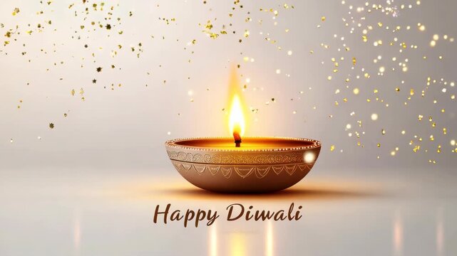 Decorative oil lamps with flames and "Happy Diwali" text on a white background. Diwali celebration video. Design for greeting cards, invitations, and posters. Flat lay with copy space.