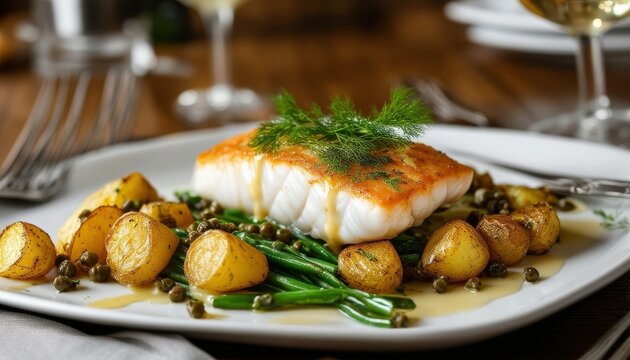 Filete de pescado al horno servido con papas asadas, jud&iacute;as verdes y alcaparras en un plato en un restaurante elegante.