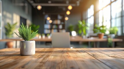 Fototapeta premium Modern Office Workspace: A serene and inviting workspace with a rustic wooden table, a potted plant, and warm lighting creates a perfect backdrop for modern business and lifestyle imagery. The blurred