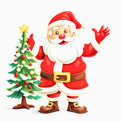 Fototapeta premium Cheerful Santa Claus Waving Near Decorated Christmas Tree