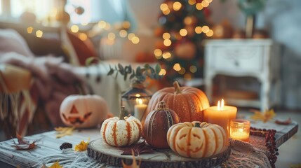 Halloween themed table mockup with pumpkins and boho decor