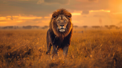 Design a powerful copy space background for World Lion Day, featuring majestic lion imagery, African safari landscapes, and conservation