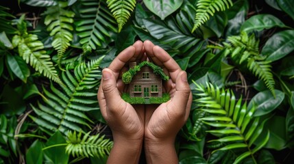 A hand is holding a small house made of leaves