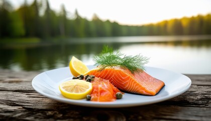 Plato de salm&oacute;n ahumado servido al aire libre, con un fondo de lago y bosque, decorado con eneldo y lim&oacute;n.