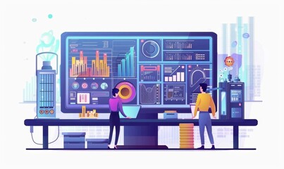 Factory Digitalization. Two Industrial Engineers Use Laptop Computer, Big Data Statistics Visualization, High-Tech Electronics Facility. Industry 4.0 Machinery Manufacturing, Generative AI 