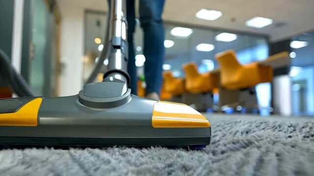 Vacuum cleaner head on a carpet in an office environment with person vacuuming. Shallow depth of field video. Office cleaning service concept. Video for cleaning service advertisements and promotions.