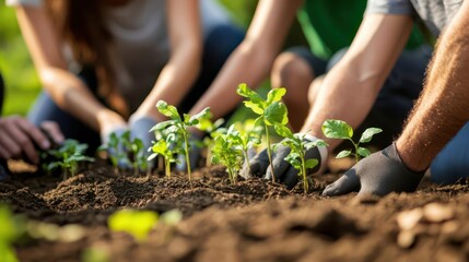 Diverse group of people planting seedlings together