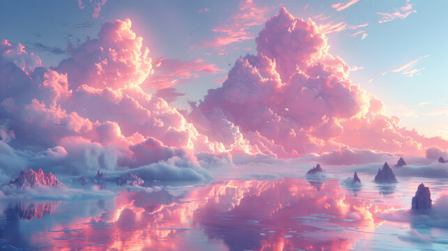 vibrant orange and pink enviroment of cloud, sea, mountain meetup