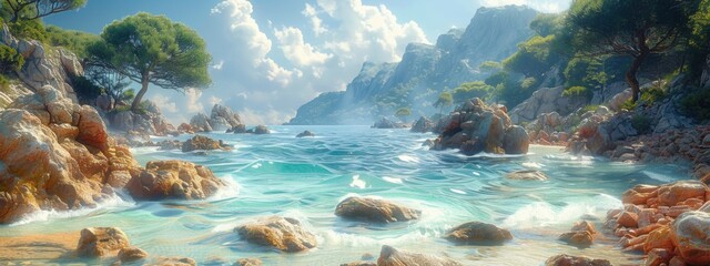 Naklejka premium Tropical beach paradise with clear blue water, soft sand, and a bright sky, perfect for a summer vacation by the coast.