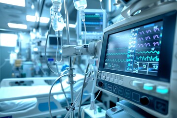 Fototapeta premium Medical device with health monitoring equipment in hospital ICU