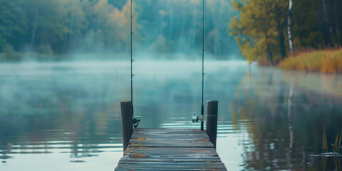 Obraz premium Sporting Life: Fishing Rods Arranged on a Lakeside Dock with a Peaceful Lake View