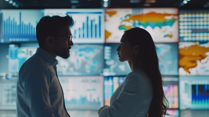 Indian Male Data Scientist And Caucasian Female Business Manager Talking In Front Of Big Digital Screen With Graphs, Charts And Map In Monitoring Office. Diverse Colleagues Discussing, Generative AI
